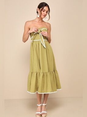Lulu's Delightful Design Light Green Polka Dot Midi Dress with Pockets - XL